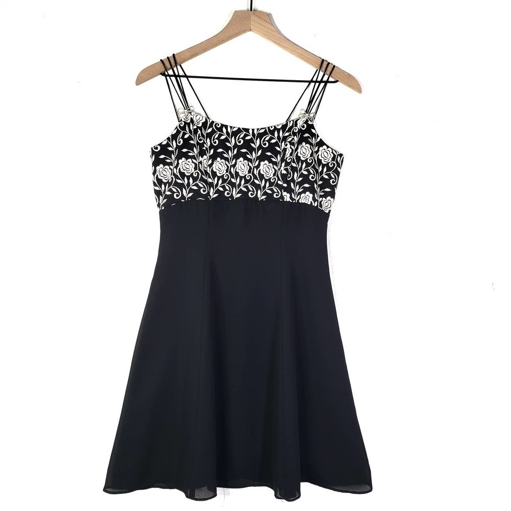 Y2K Embroidered Chiffon Strappy Dress S Black Butterfly Veronica USA‎